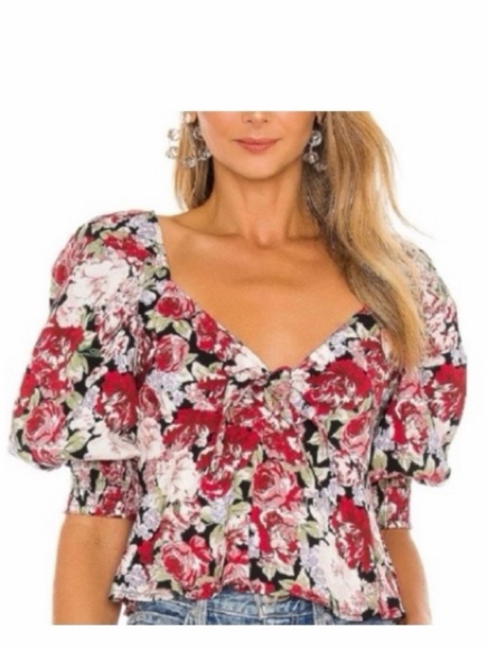 MINKPINK Kind Words Floral Tie Front Puff Sleeve Top